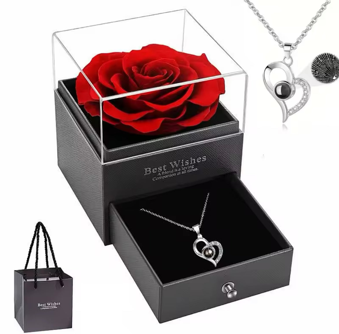 Coffret Cadeau Rose Éternelle et Collier “I Love You” – Cadeau Romantique Unique